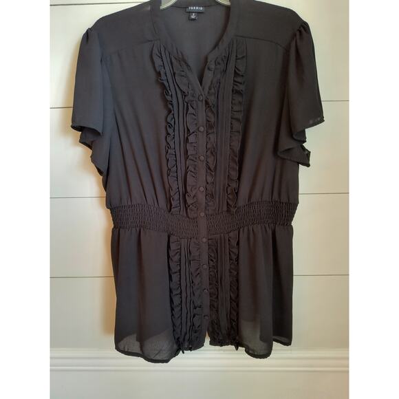 Torrid Button Down Blouse Women's 2X Black Ruffled front Smocked Waist Chiffon - Picture 12 of 15
